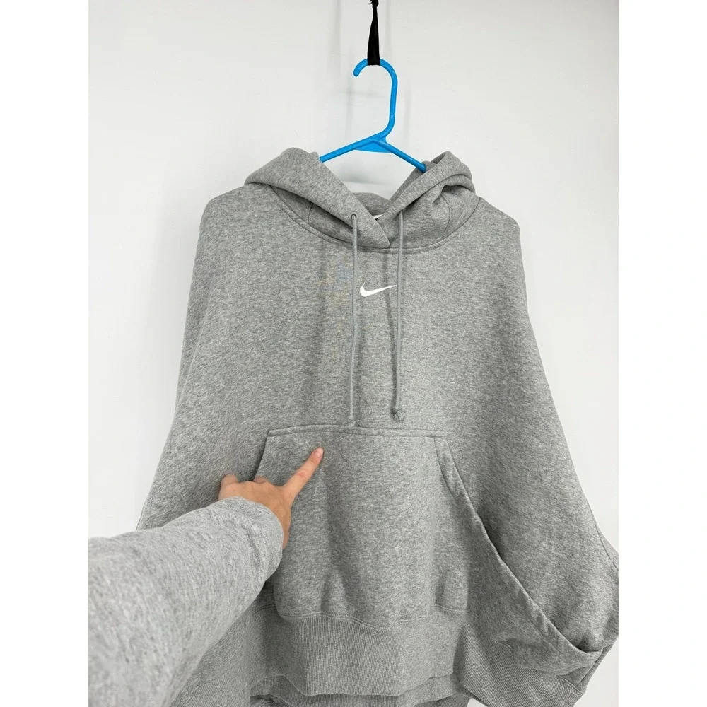 Nike Women Oversized Fleece Hoodie Dark Grey Heather Center Swoosh DQ5858-063 XL
